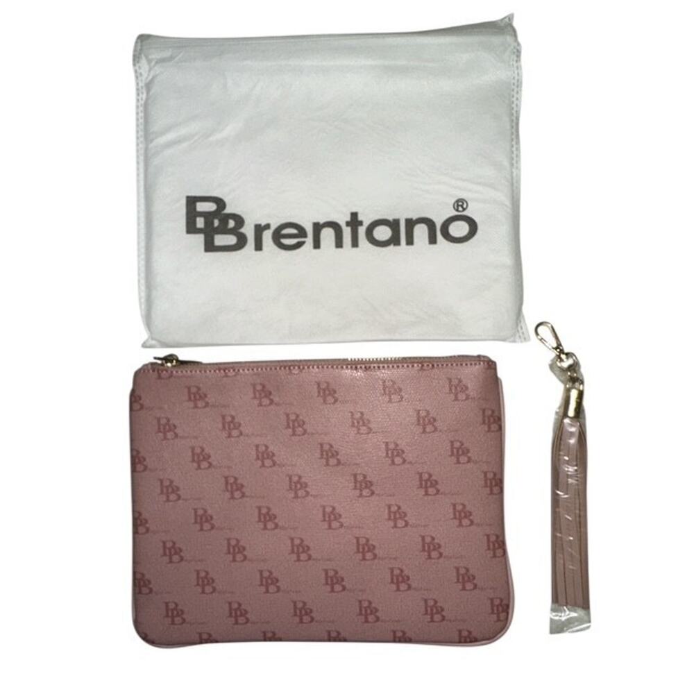 Brentano Clutch Bag Purse Pink Mauve Blush Logo Print Gold Zipper Pockets Tassel